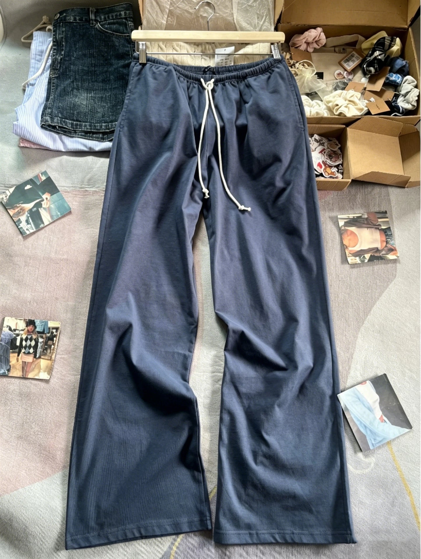 Solid Drawstring Straight Sweatpants Women Streetwear Cotton Simple Casual High Waist Trousers Vintage Chic Sport Long Pants Y2K