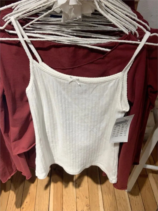 Sweet Lace Trim Eyelet White Slim Tank Tops Women Summer Bow Sleeveless Cotton Preppy Style Camisole Vintage Cute Basic Tops Y2K