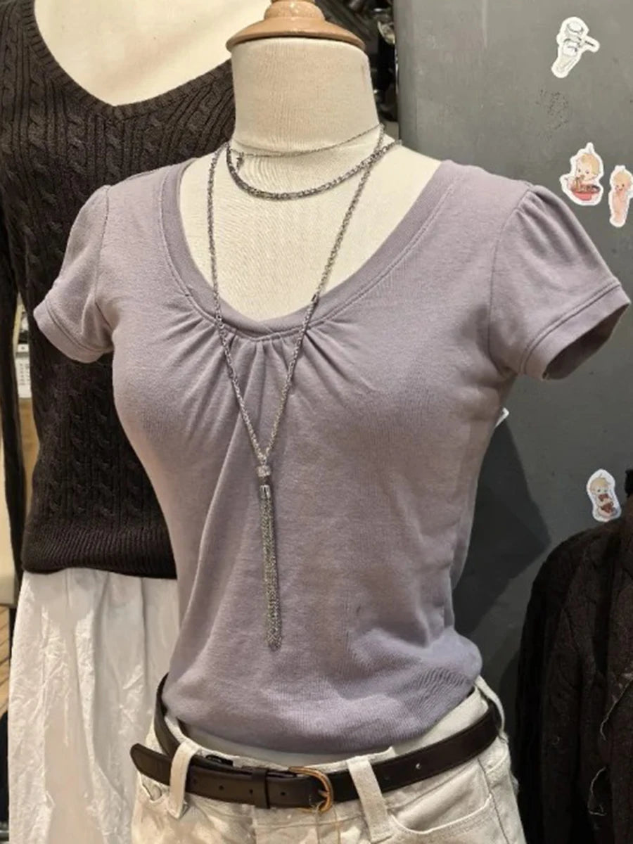 Pink V-neck Slim T-shirts Women Casual Streetwear Cotton Soft Short Sleeve Tees Sweet Cute Chic Tshirts Y2K