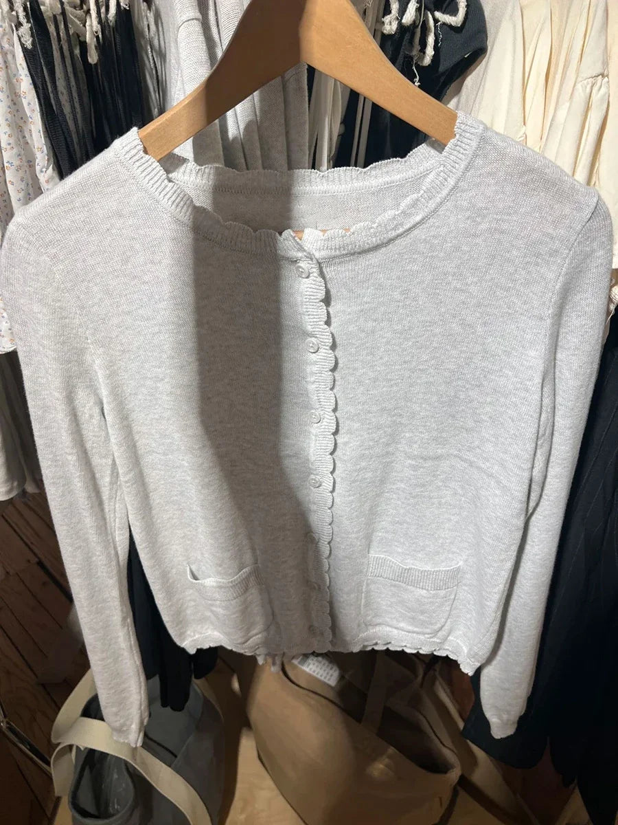 Gray Pockets Knitted Sweater Cardigan Women Autumn Cotton Round Neck Long Sleeve Sweaters Sweet Preppy Style Knitwear Y2K Tops