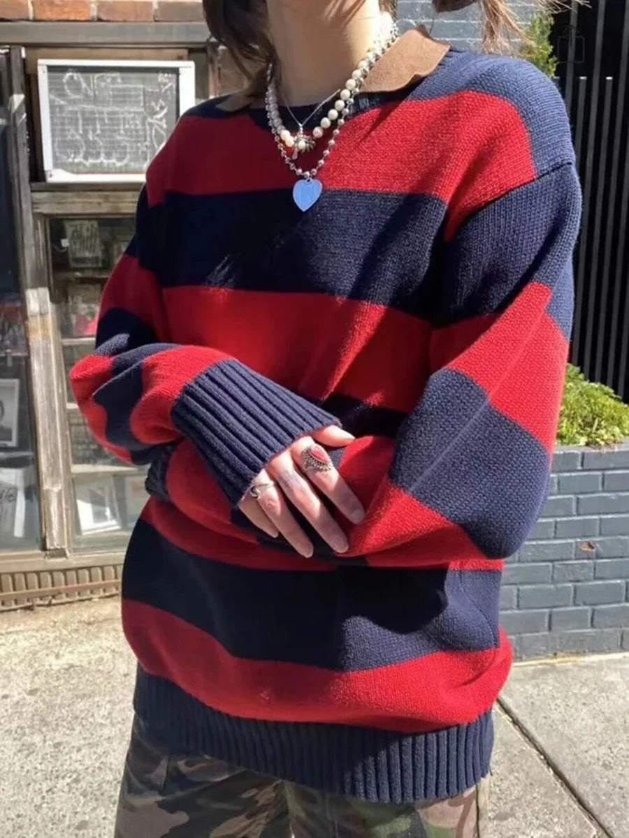 Striped Thick Knitted Jumpers Women Autumn O-neck Fashion Casual Streetwear Loose Pullovers Tops Chic Vintage Sweet Y2K Sweaters
