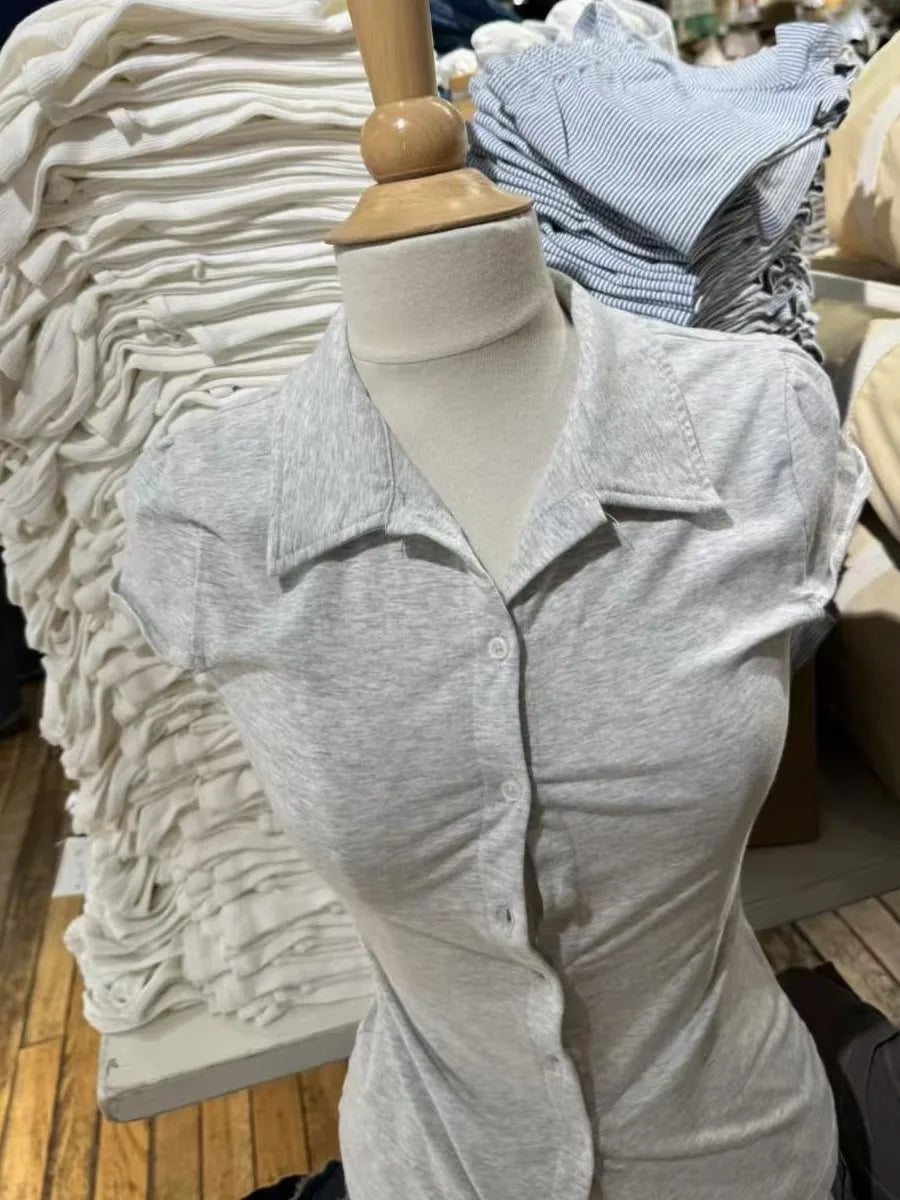 Simple Gray Cotton Soft Short Sleeve Tees Women Summer Turn Down Collar Preppy Style Tops Blouse Sweet Chic All-match T-shirts