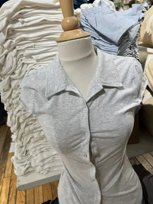 Simple Gray Cotton Soft Short Sleeve Tees Women Summer Turn Down Collar Preppy Style Tops Blouse Sweet Chic All-match T-shirts