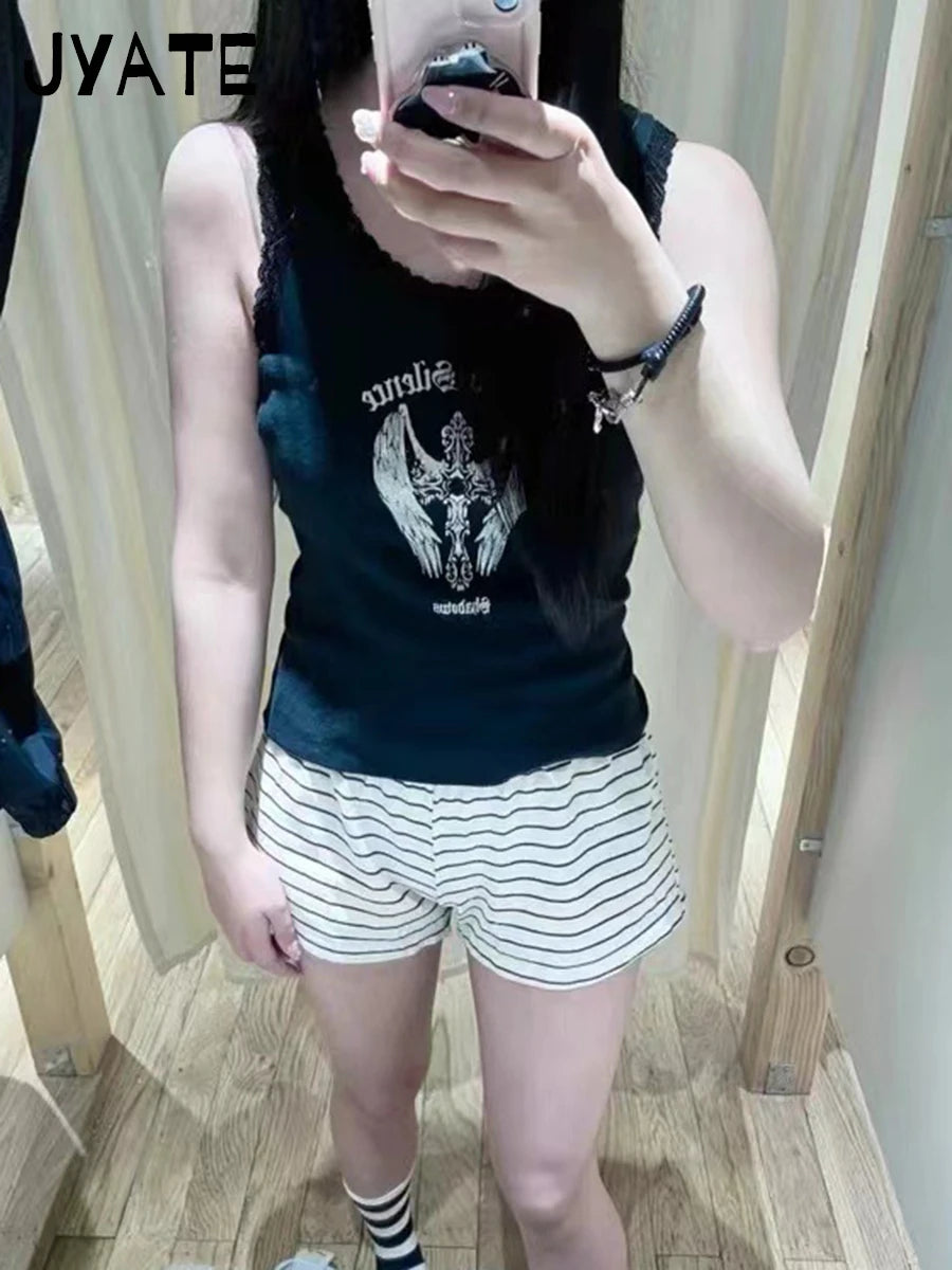 Cross Print Lace Trim Black Tank Tops Women Summer Casual Slim Streetwear Sleeveless Cropped Vests Harajuku Vintage Chic Camis