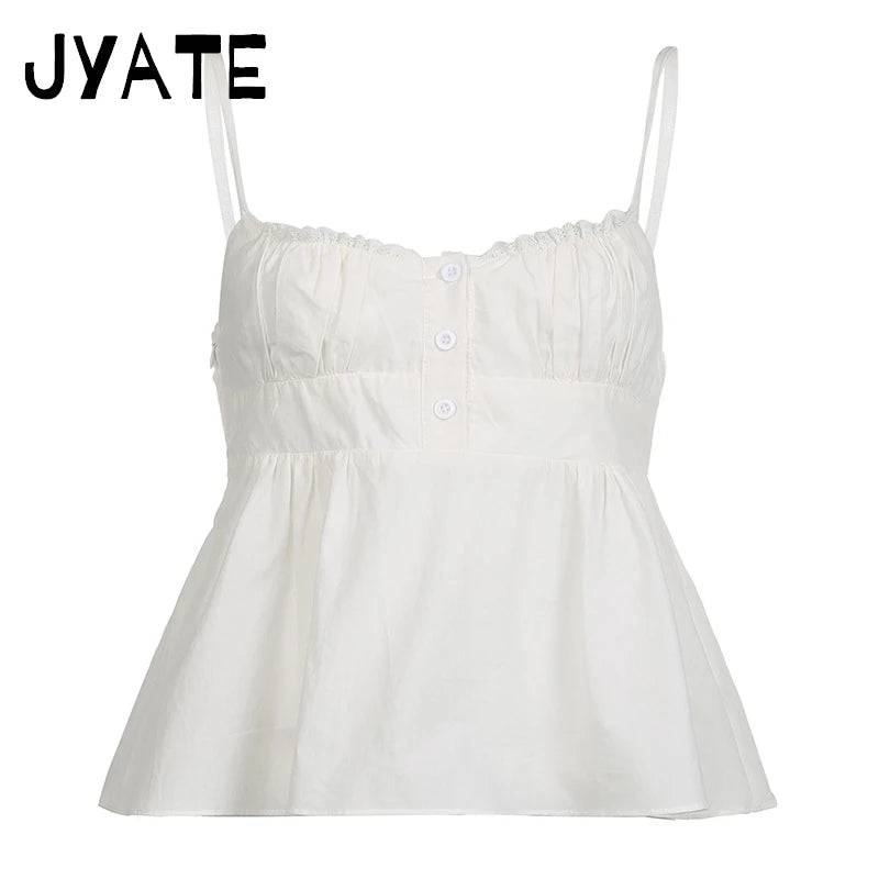 Sweet White Lace Trim Buttons Tank Tops Women Summer New Cotton Backless Sexy Slim Cropped Vests Preppy Style Chic Camisole Y2K