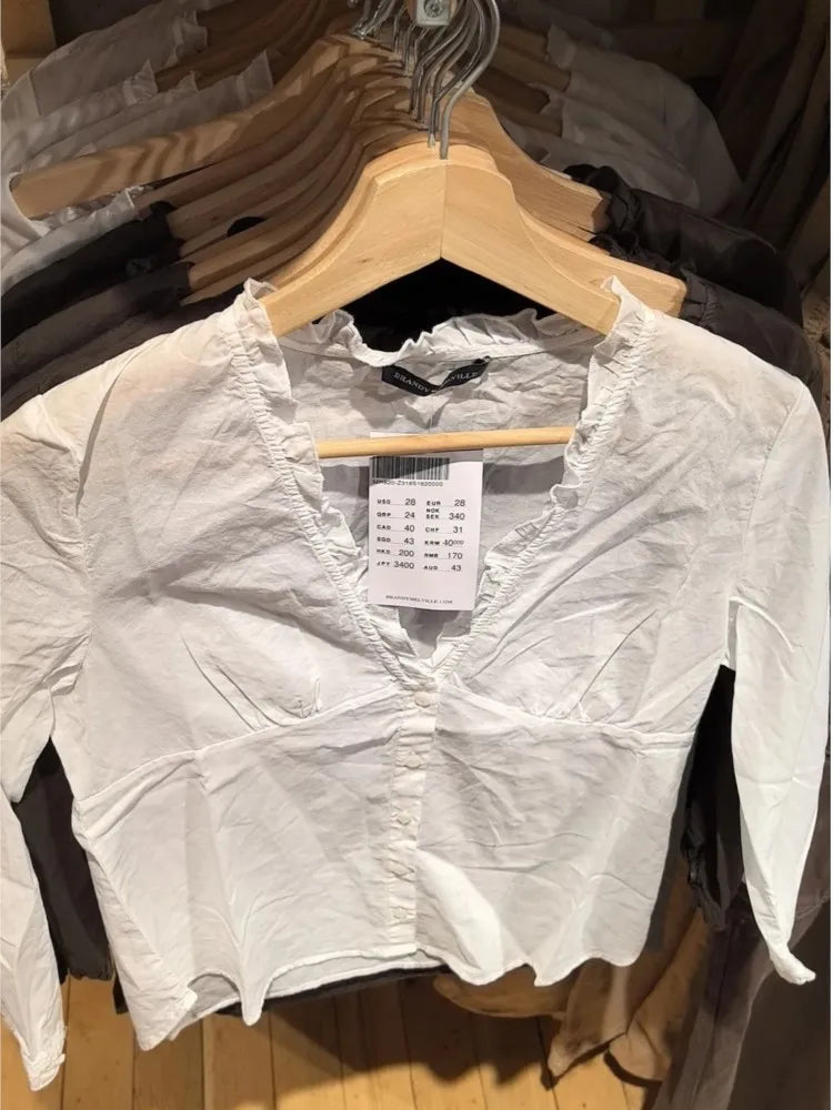Brown Ruffles Single Breasted T-Shirt Blouse Women Summer V-neck Haft Sleeve Tee Shirts Simple Sweet All-match Thin Tshirts New