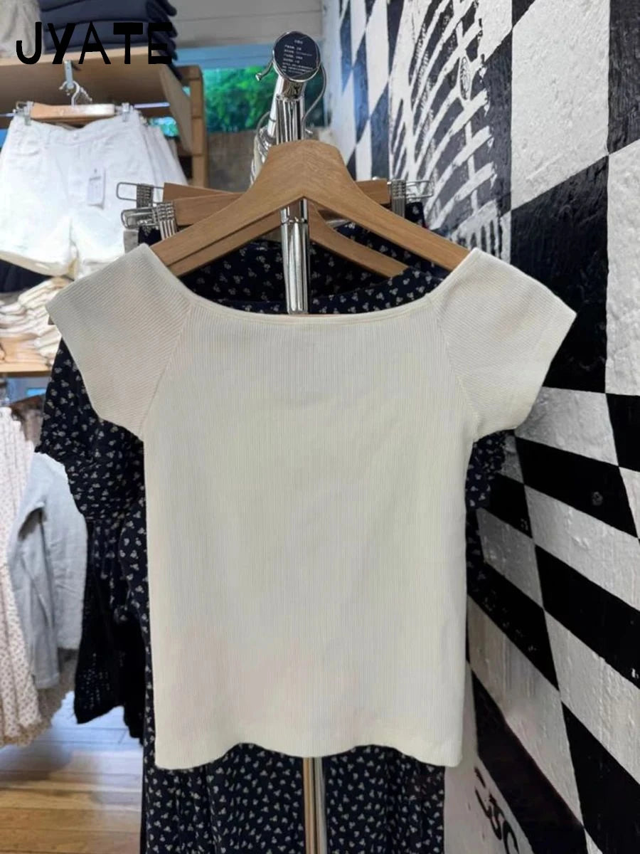 Simple Ribbed Cotton White Folds V-neck T-shirts Women Summer Casual Slim Short Sleeve Cropped Tee Sweet Basic Chic Tops Clothes