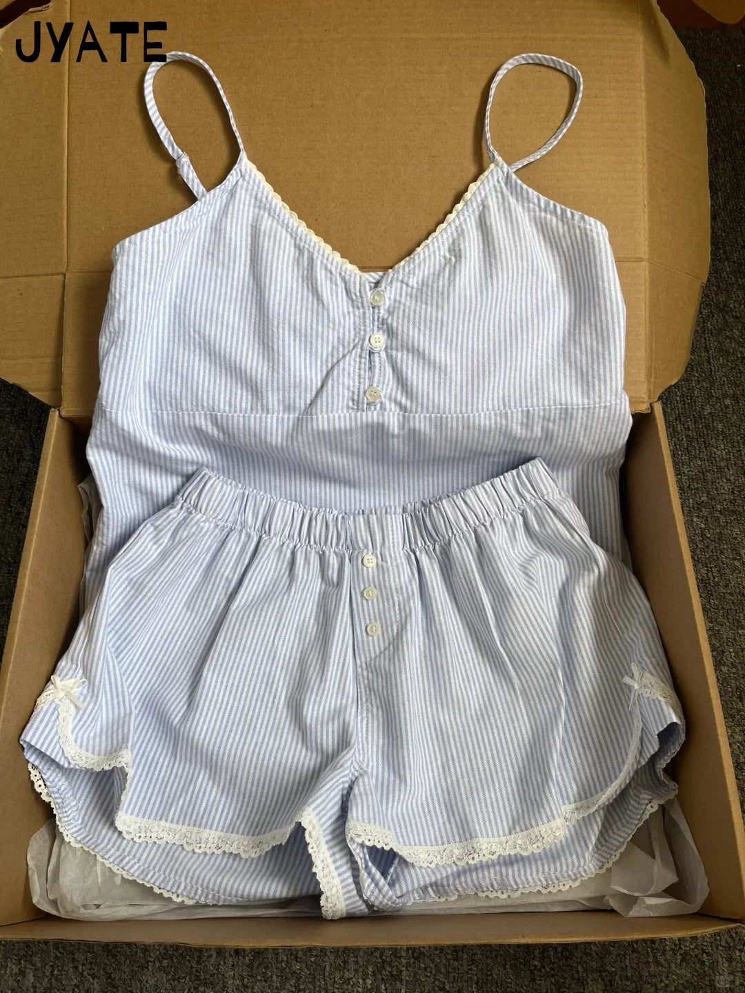 New Blue Striped Buttons Tank Tops Women Summer Casual V-neck Lace Trim Sleeveless Vests Sweet Vintage Preppy Style Camisole Y2K