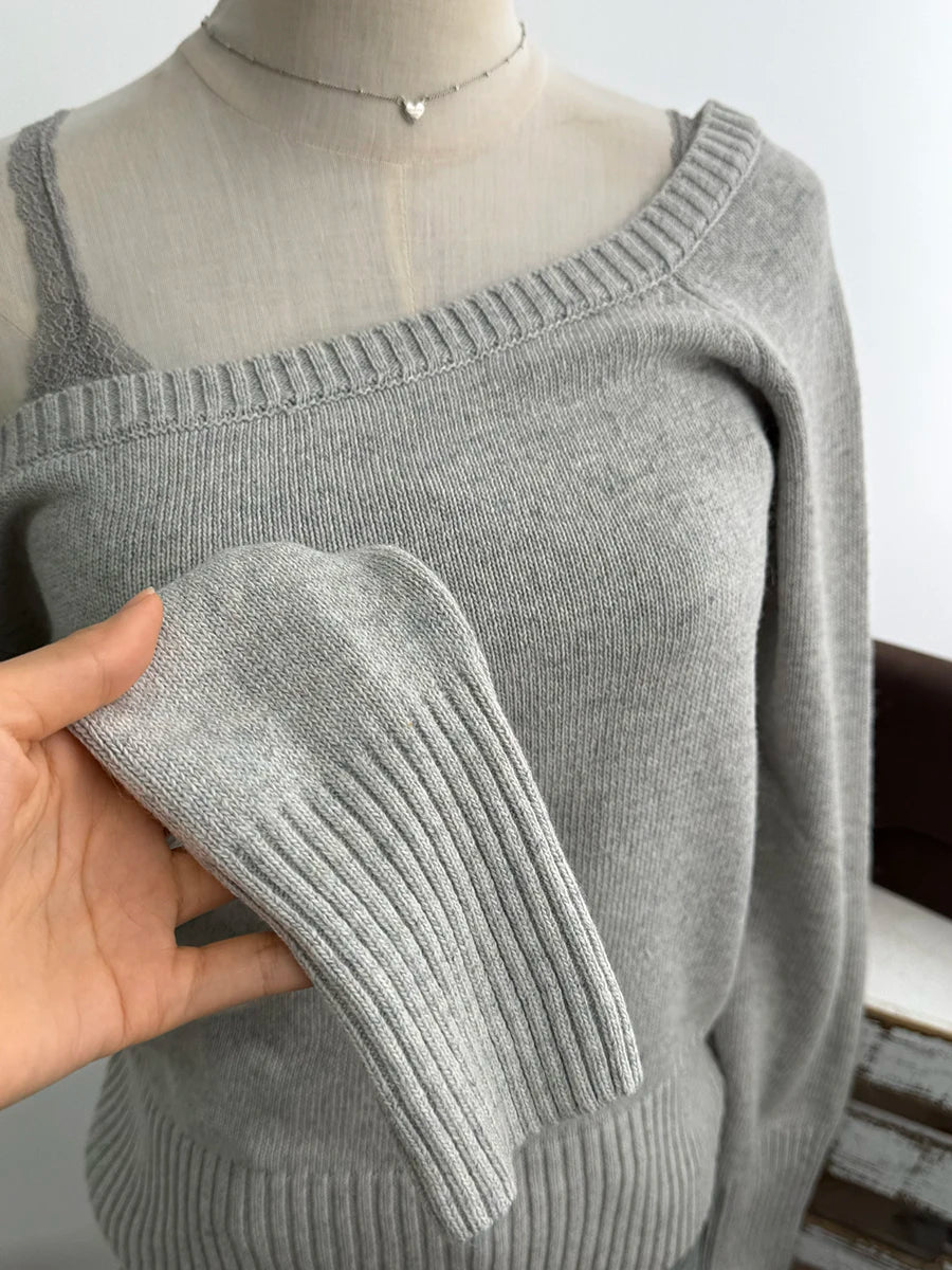 Sweet Gray Knitted Short Sweater Women Autumn Sexy Slash Neck Long Sleeve Cotton Jumpers Vintage Preppy Style Pullover Tops Y2K