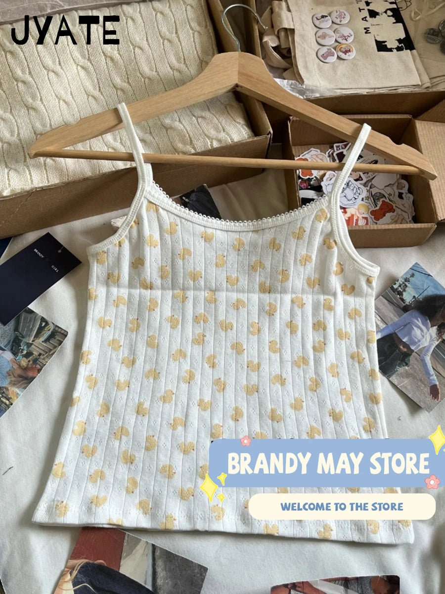 Cute Little Duck Bow Tank Tops Women Summer New Cotton Soft Chic Slim Eyelet Sleeveless Vests Sweet Casual Vintage Camisole Y2K