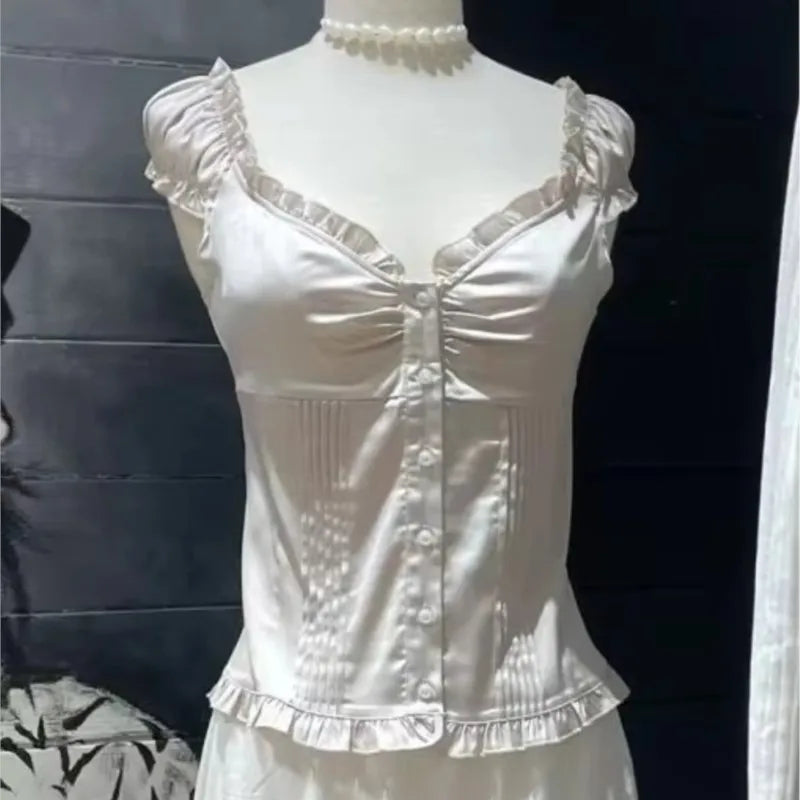 Elegant Pink Ruffle Satin Slim T-Shirt Blouse Women Summer Sexy V Neck Cotton Puff Sleeve Tees Sweet Girls Buttons Crop Top Y2K