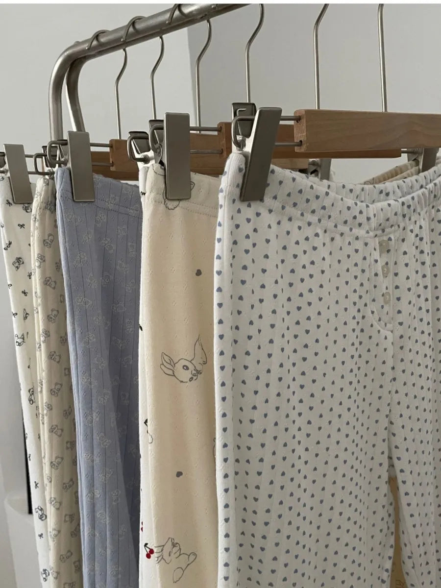 Cute Print Cotton Long Pants Women All-match Soft Elastic High Waist Pajama Trousers Sweet Vintage Preppy Style Home Pant Y2K