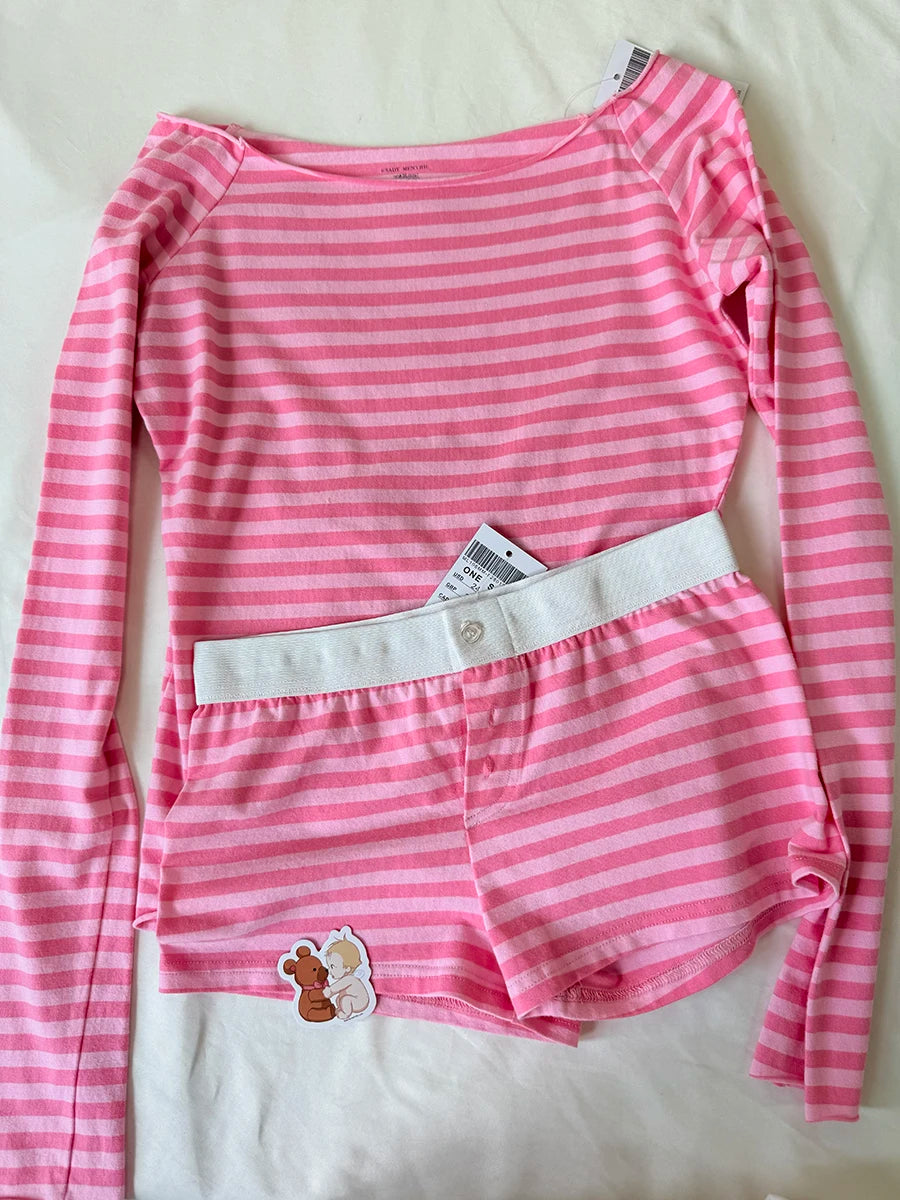 Pink Striped Slash Neck Short Sets Women Cute Cotton Slim Long Sleeve Tee+Buttons Shorts 2 Piece Sets Sweet Chic Two Piece Set