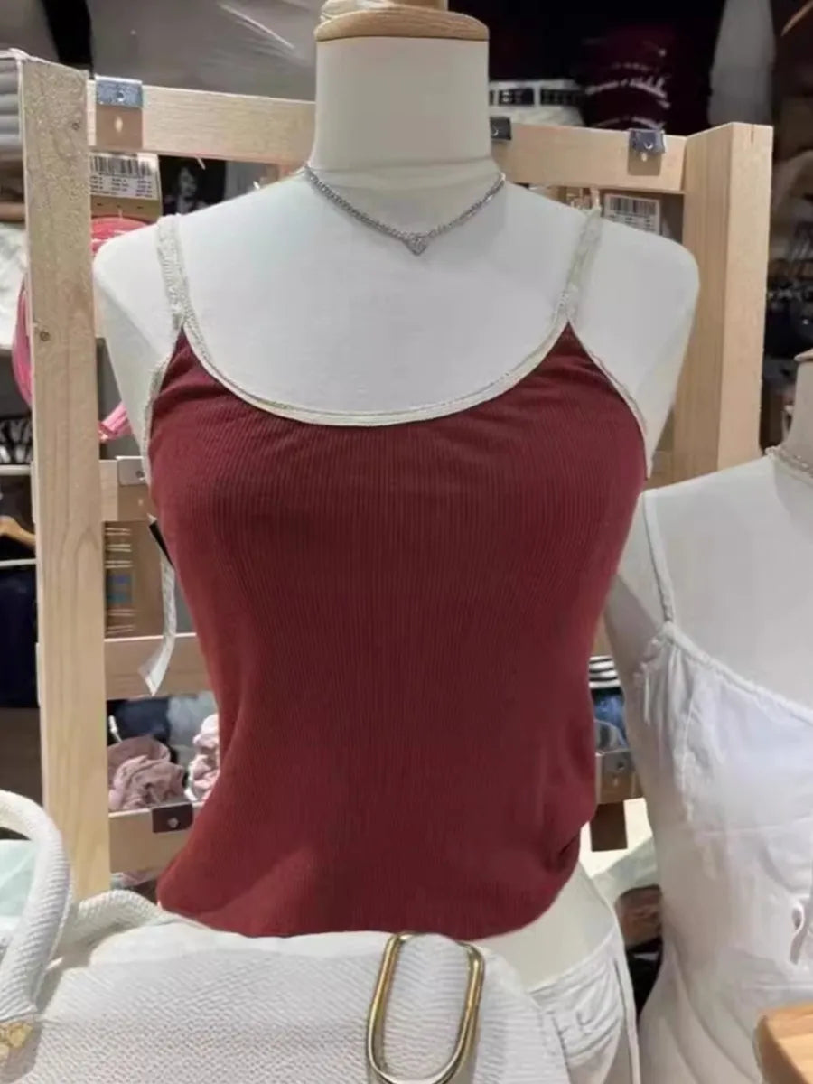 Vintage Red Cotton Waffle Sleeveless Vests Women Summer Simple Lace Trim Casual Slim Sexy Tank Tops Sweet Cute Chic Camisole Y2K