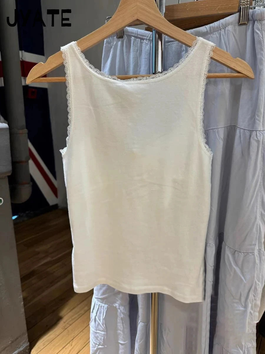 White Lace Trim Three Buttons Tank Tops Women Summer New Casual Cotton U-neck Sleeveless Vests Sweet Cute Preppy Style Camisole