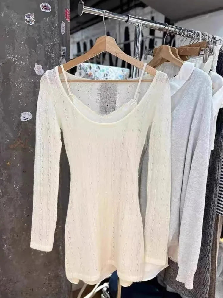 Sweet White Hollow Out Long Sleeve Tees Women New Casual Cotton Preppy Style Tops Clothes Vintage Streetwear Chic T-shirts Y2K