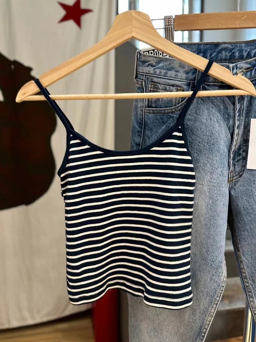 Sweet Slim Pink Striped Camisole Women Summer New Cotton Streetwear Sexy Cute Sleeveless Vests Female Chic Vintage Y2K Tank Tops