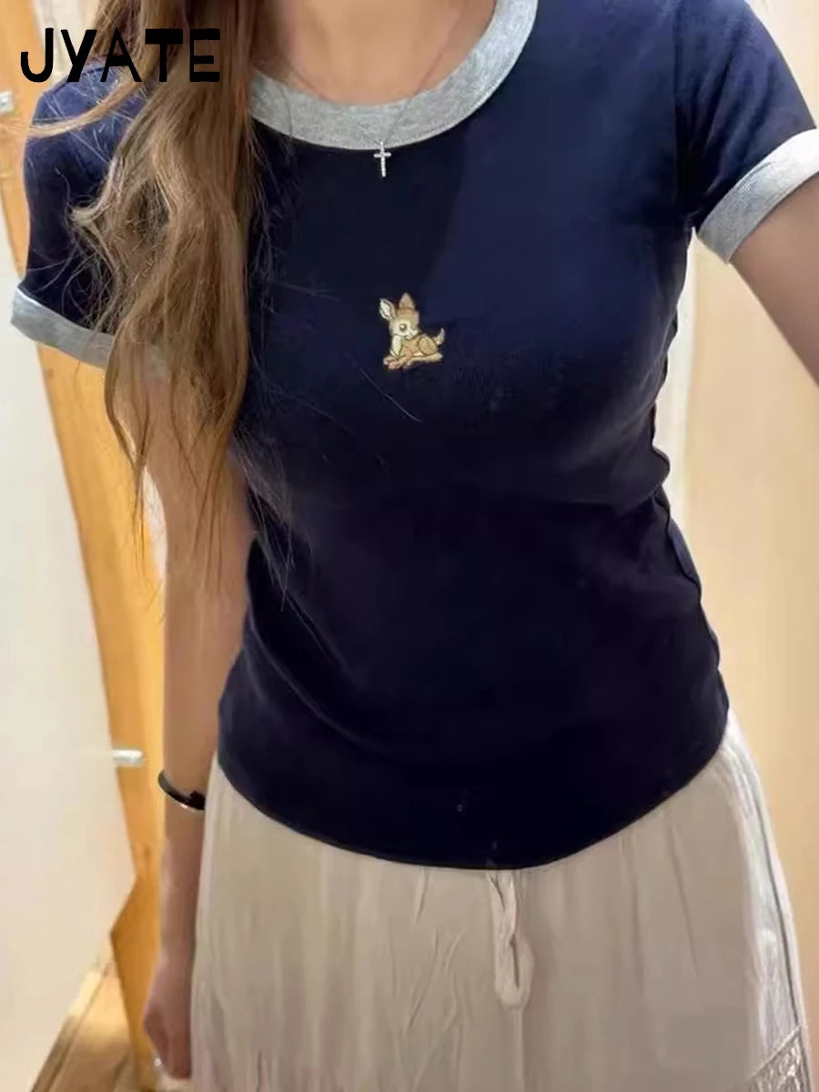 Fashion Heart Bear Embroidery Crop Tops Women 2024 New Cotton Casual Streetwear Short Sleeve Tee Vintage Sweet Cute T-shirts Y2K