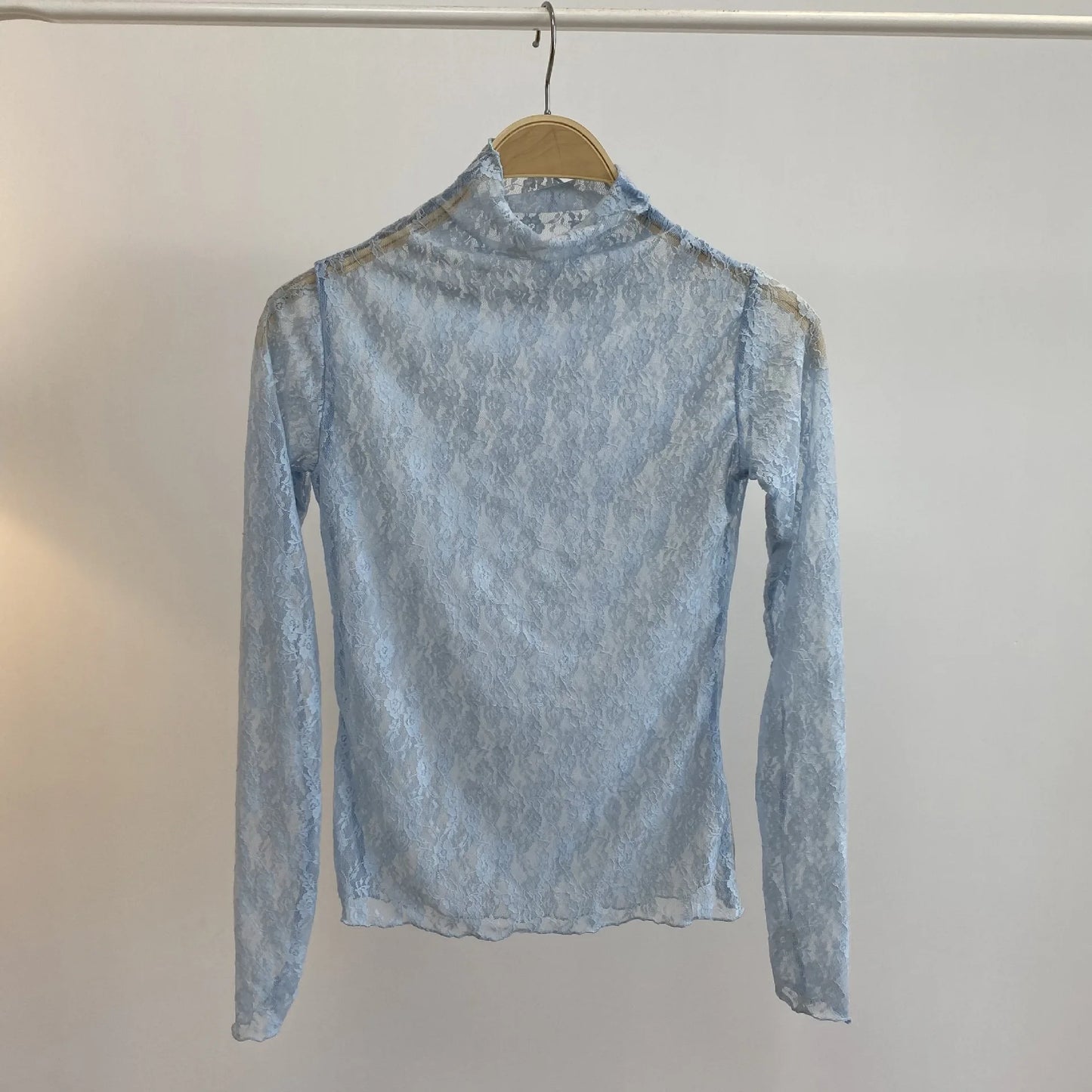 Sexy See-through Long Sleeve Tees Women New Street Slim Half turtleneck Lace Floral T-shirts Vintage Chic Party Tops Y2K Tshirts