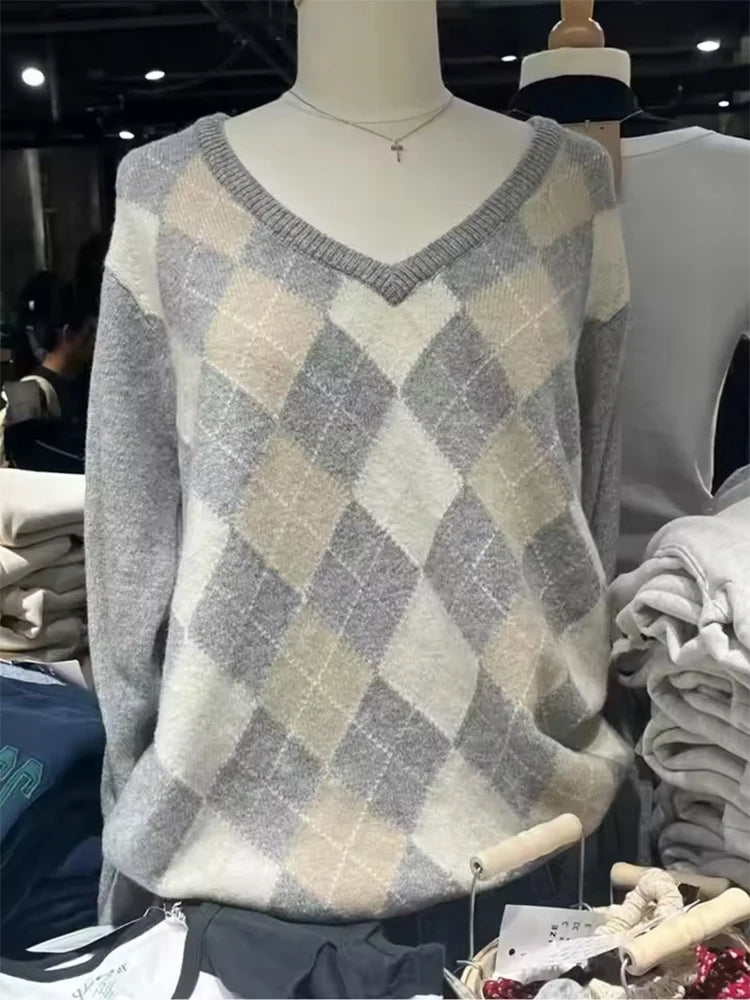 Navy Twisted Flower Knitted Sweater For Woman Spring V-neck Long Sleeve Slim Pullover Cute Vintage Streetwear Jumper Tops Y2k