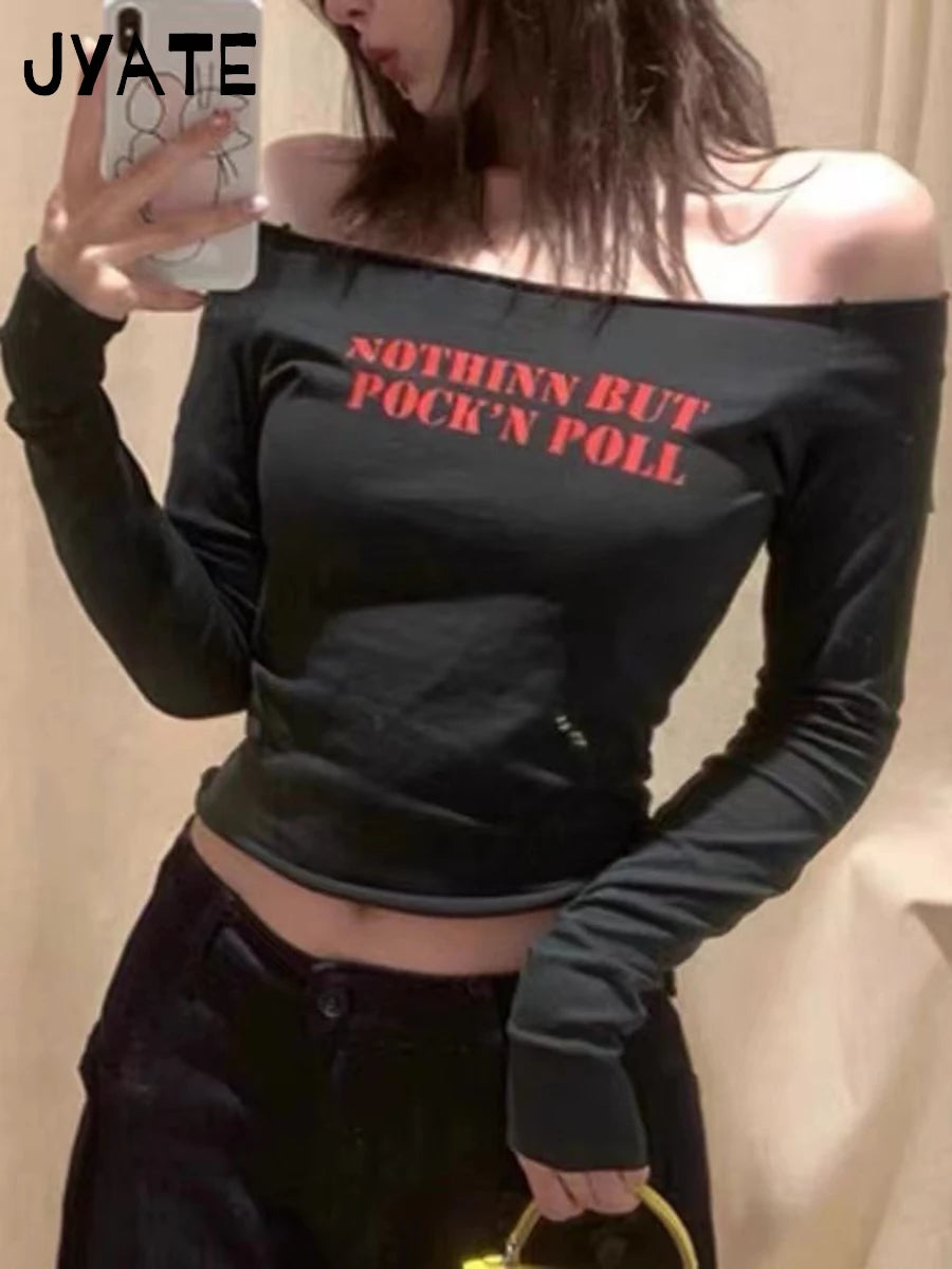 Letter Print Slash Neck Long Sleeve Tee Women Summer New Cotton Slim Sexy Raw Hem Casual Tops Vintage American Chic T-shirts Y2K