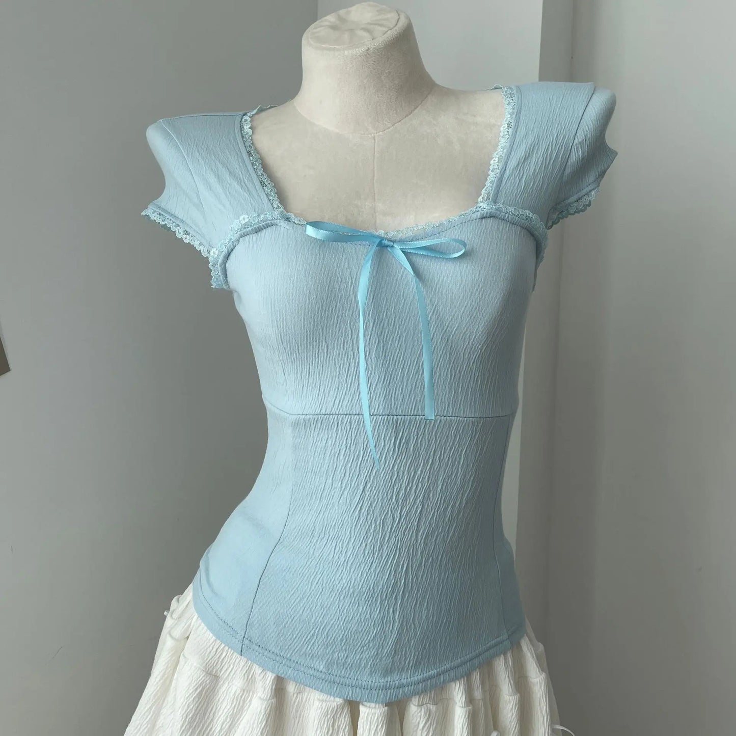 Lace Trim Square Neck T-shirts Women Summer New Casual Slim Bow Folds Texture Short Sleeve Tees Sweet Cute Preppy Style Tops Y2K