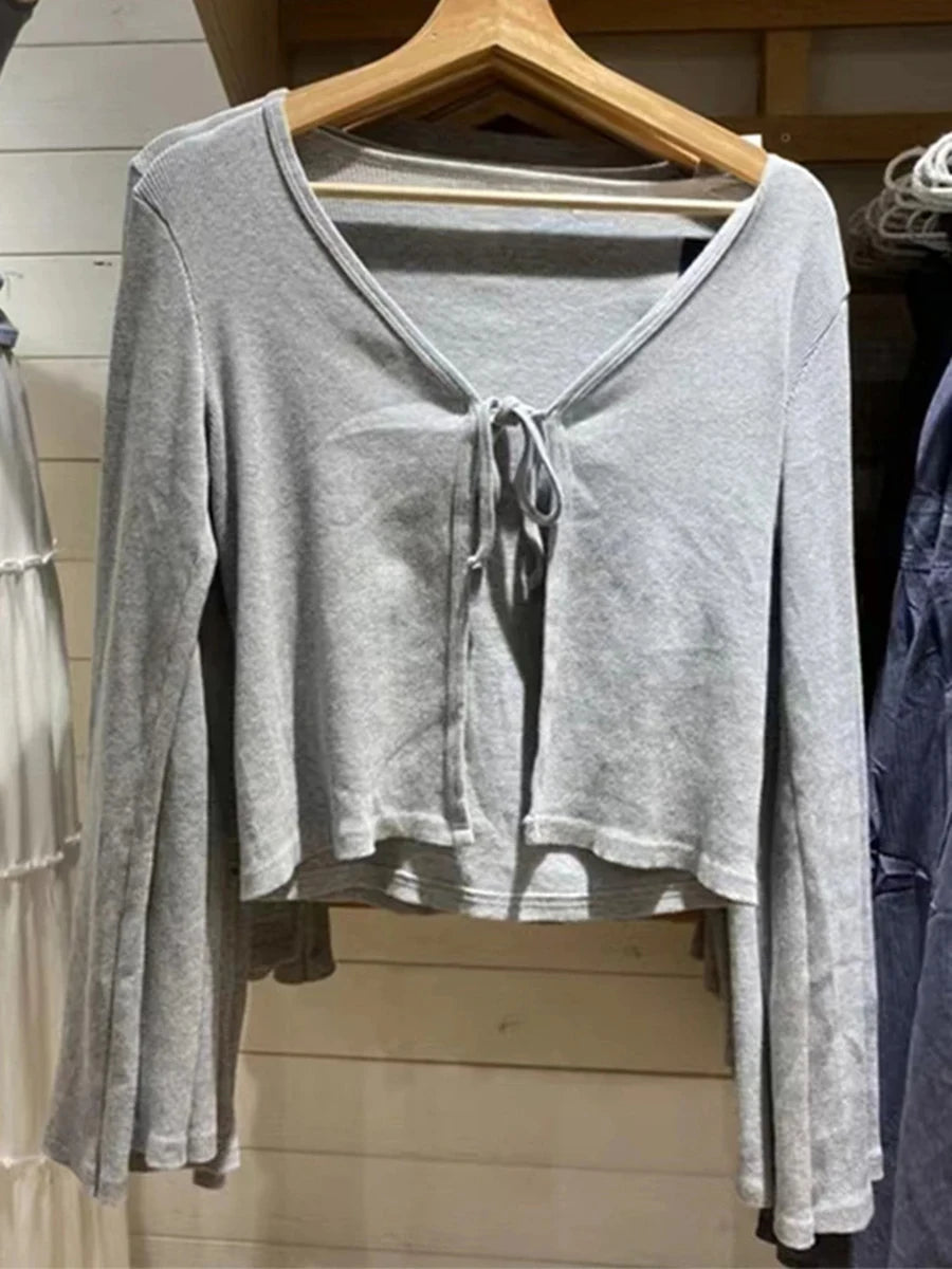 Sweet Slim Cotton Knitted Cardigan Tops Women Autumn New Cotton Solid Harajuku Long Sleeve Tee Vintage Chic Y2K Lace-up T-shirts