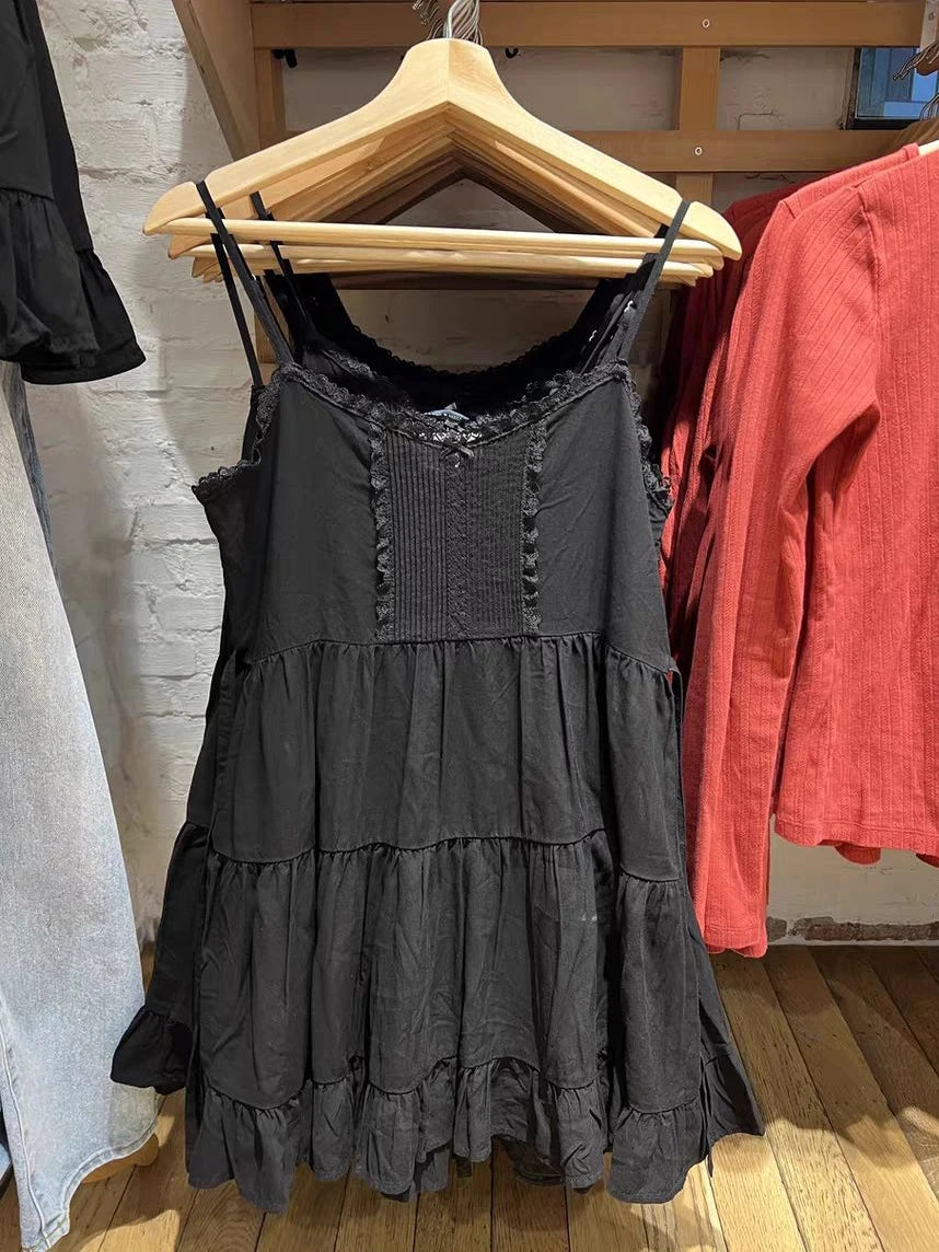Lace Trim White A-line Dress Women New Elastic Waist V-neck Sleeveless Mini Dresses Vintage Preppy Style Sweet Short Vestido Y2K