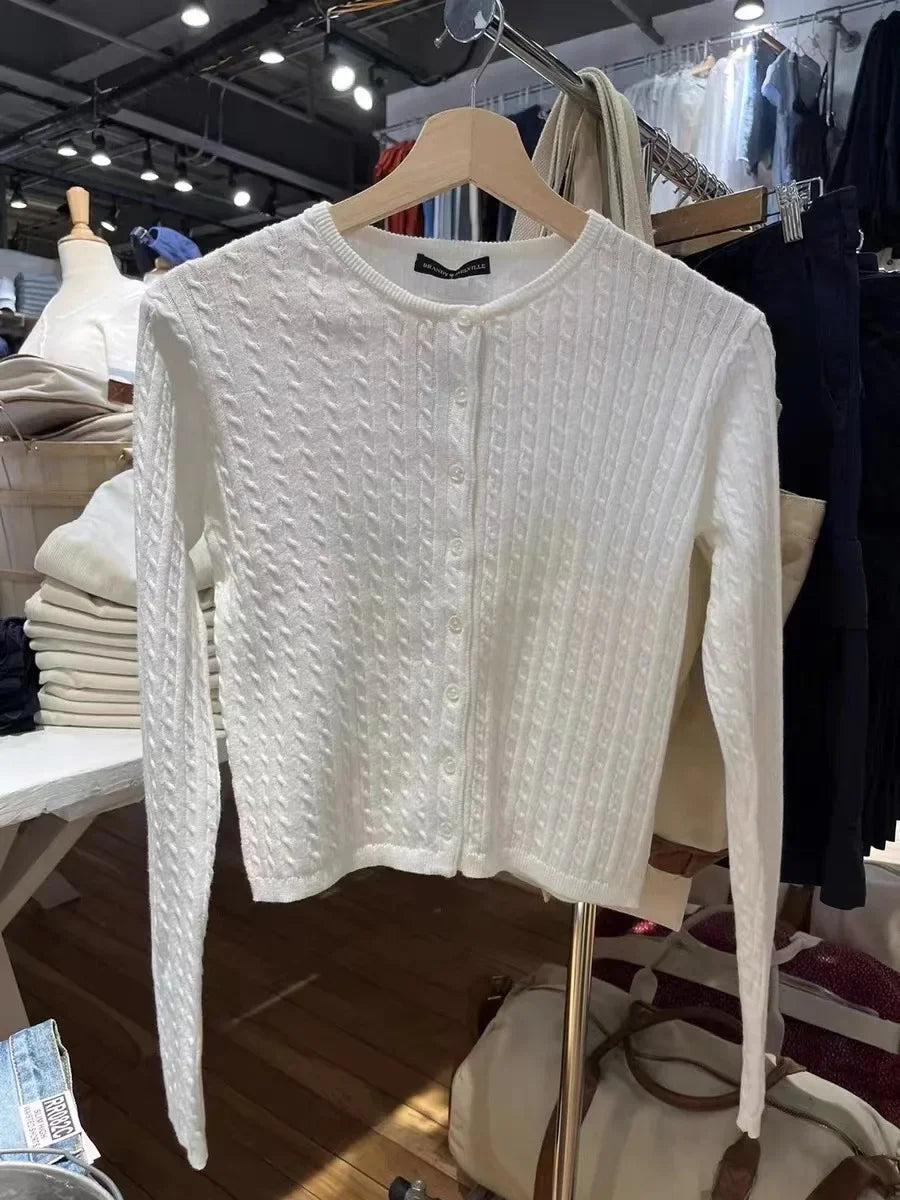 Gray Pockets Knitted Sweater Cardigan Women Autumn Cotton Round Neck Long Sleeve Sweaters Sweet Preppy Style Knitwear Y2K Tops