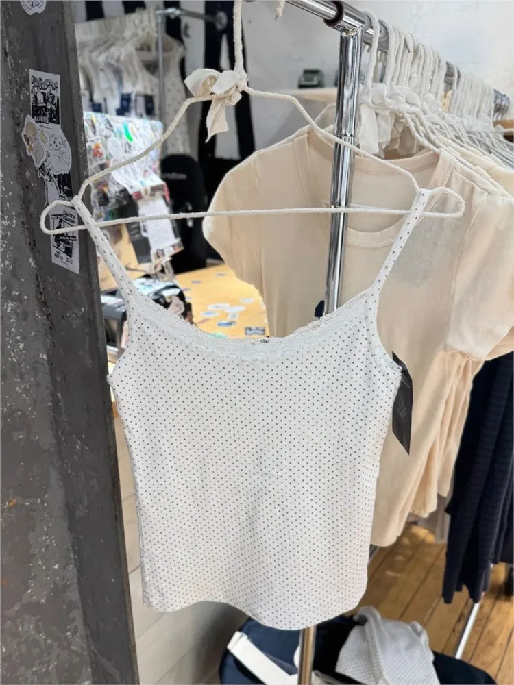 Vintage Dot Eyelet Slim Tank Top Women Summer Lace Trim Sleeveless Cotton Crop Tops Sweet Cute Preppy Style Cropped Camisole Y2K