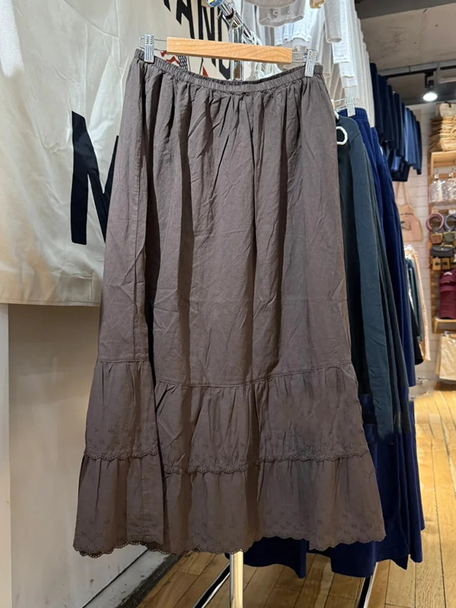 Brown Lace Trim Long Skirts Women New Cotton Drawstring High Waist Preppy Style Faldas Female Classic Vintage Sweet A-line Skirt