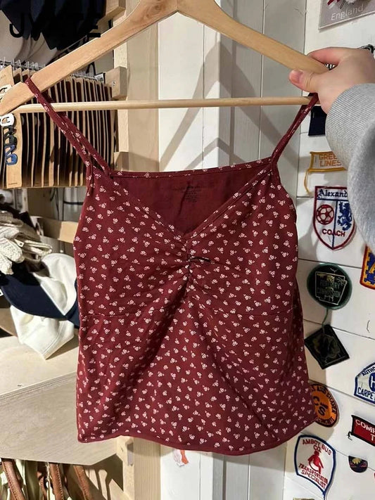 Sweet Red Floral Print Folds V-neck Tank Tops Women Summer New Casual Slim Sexy Sleeveless Vests Vintage Cute Chic Camisole Y2K