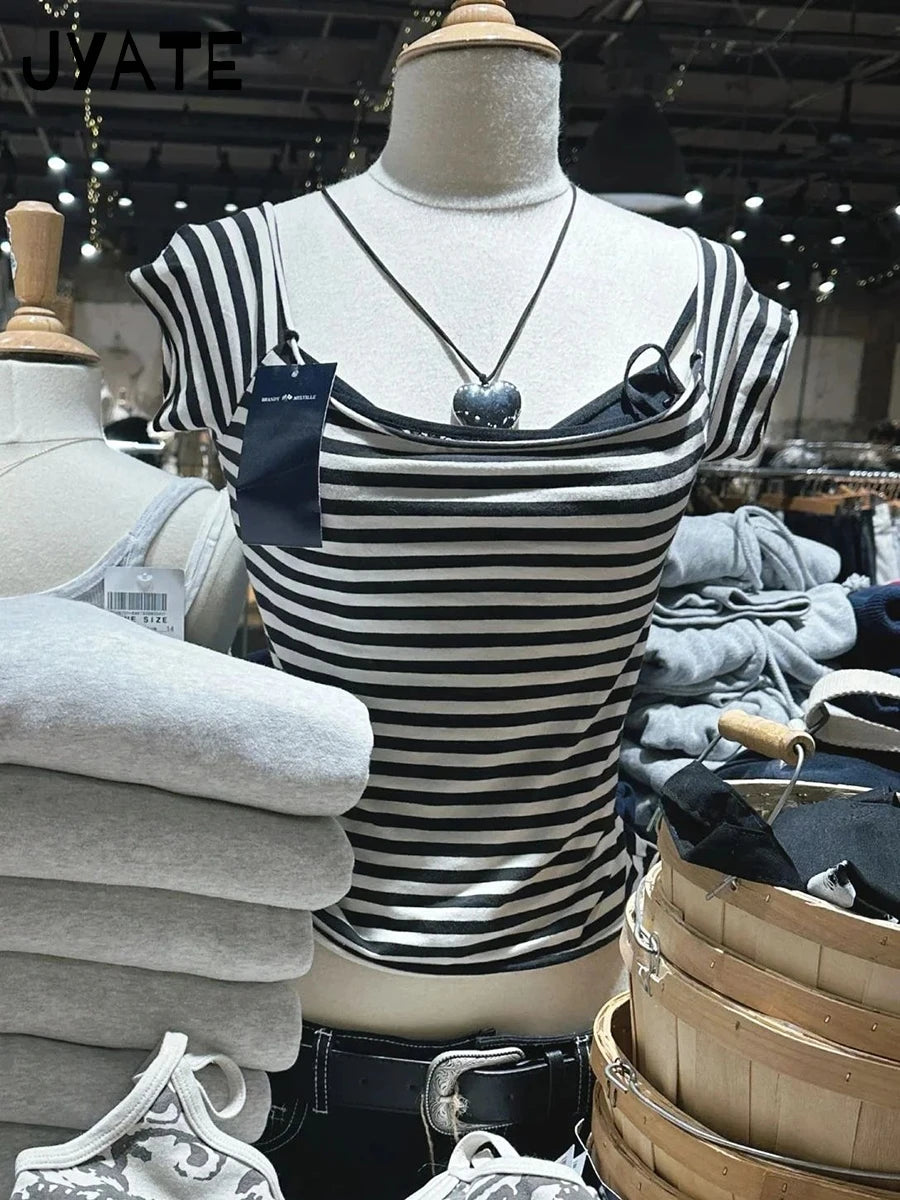 American Striped Slash Neck Slim Crop Tops Women 2024 New Cotton Soft Raw Hem  Short Sleeve Tees Vintage Sweet Chic T-shirts Y2K