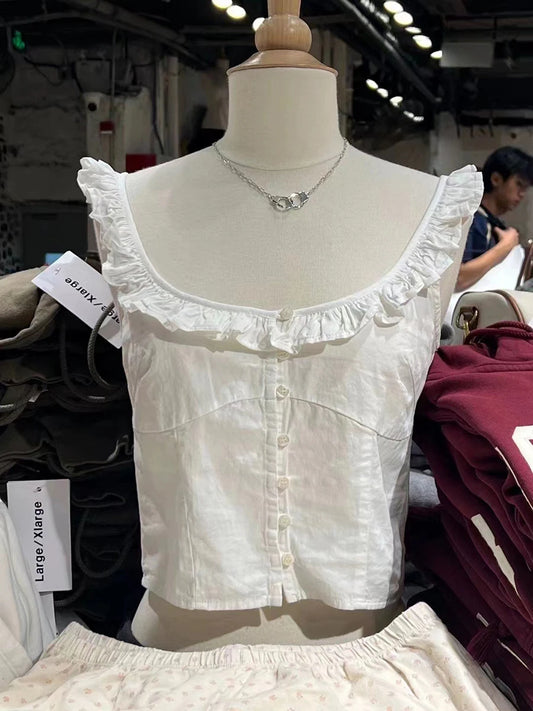 Sweet White Ruffles Buttons Crop Tops Women Summer Cotton Scoop Neck Preppy Short Sleeve Tee Vintage Chic Slim Cute T-shirts Y2K