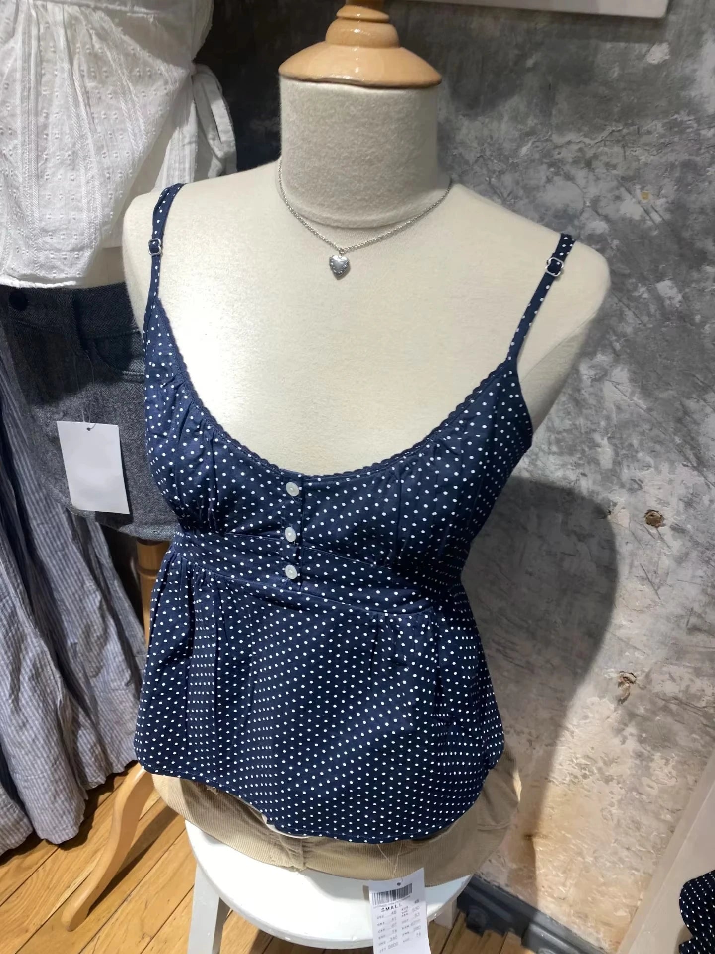 Navy Dot Slim Buttons Tank Top Woman Summer New Lace Trim V-neck Back Lace-up Cotton Camis Clothes Vintage Sweet Crop Tops Y2K