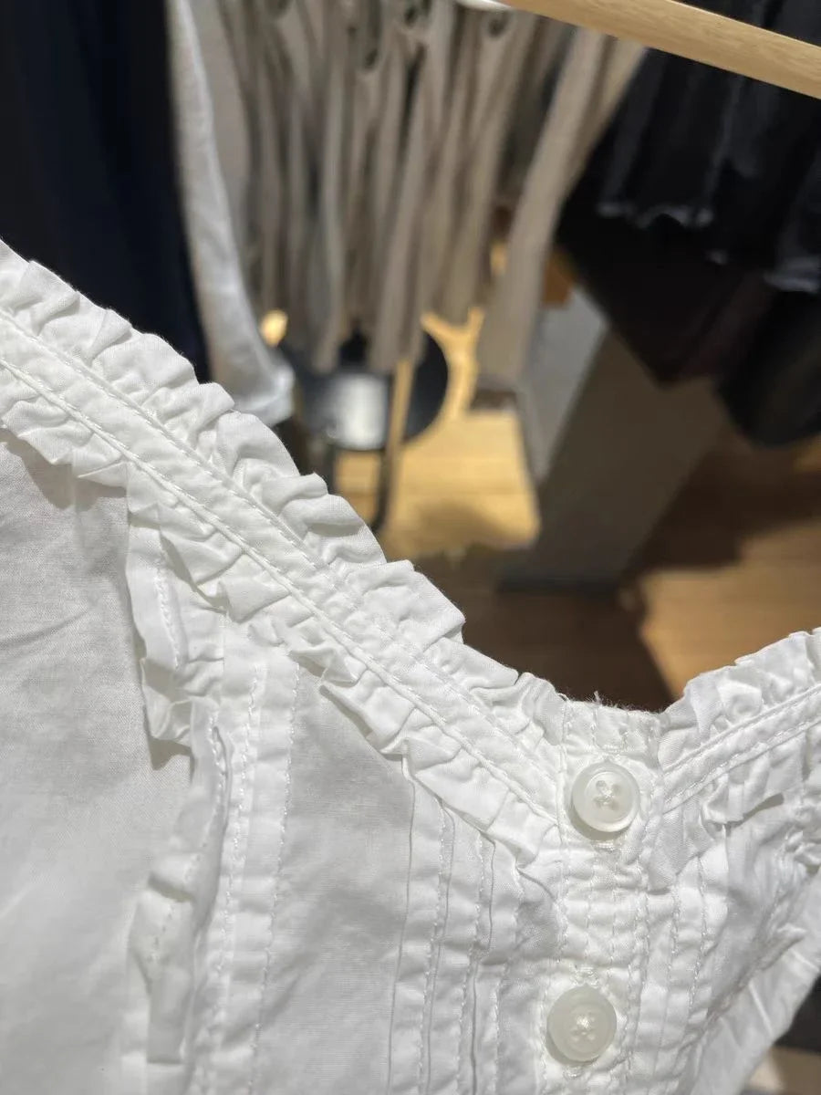 New Ruffles White Slim Crop Top Women Summer Sexy V-neck Buttons Cotton Sleeveless Cropped Camis Vintage Sweet Tank Tops Y2K