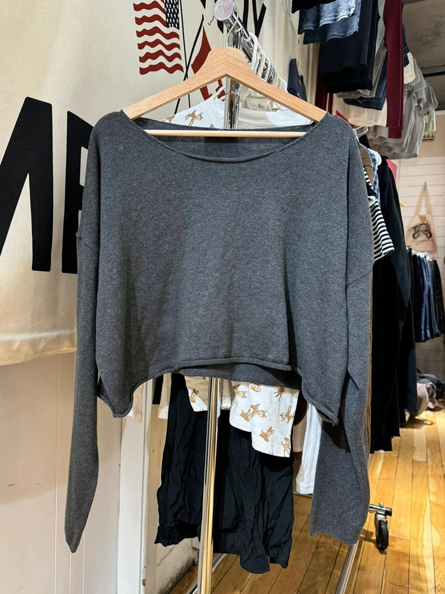 Gray Raw Trim Knit Cropped Sweater Women Scoop Neck Long Sleeve Cotton Loose Jumper Autumn Simple Sweet Oversized Crop Top Y2K