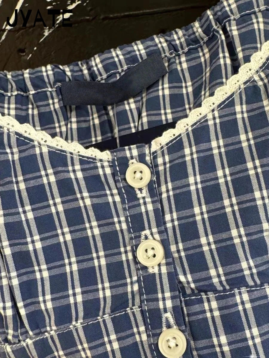 Retro White Lace Trim Blue Plaid Tank Tops Women New Buttons Back Lace-up Sleeveless Vests Vintage Chic Sweet Blouse Camis Y2K