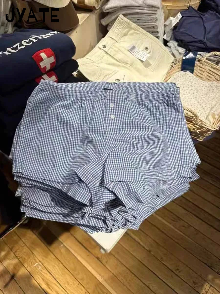 Blue Plaid Print Buttons Short Pant Women Summer New Cotton Street Simple Elastic Waist Home Underwear Vintage Casual Y2K Shorts