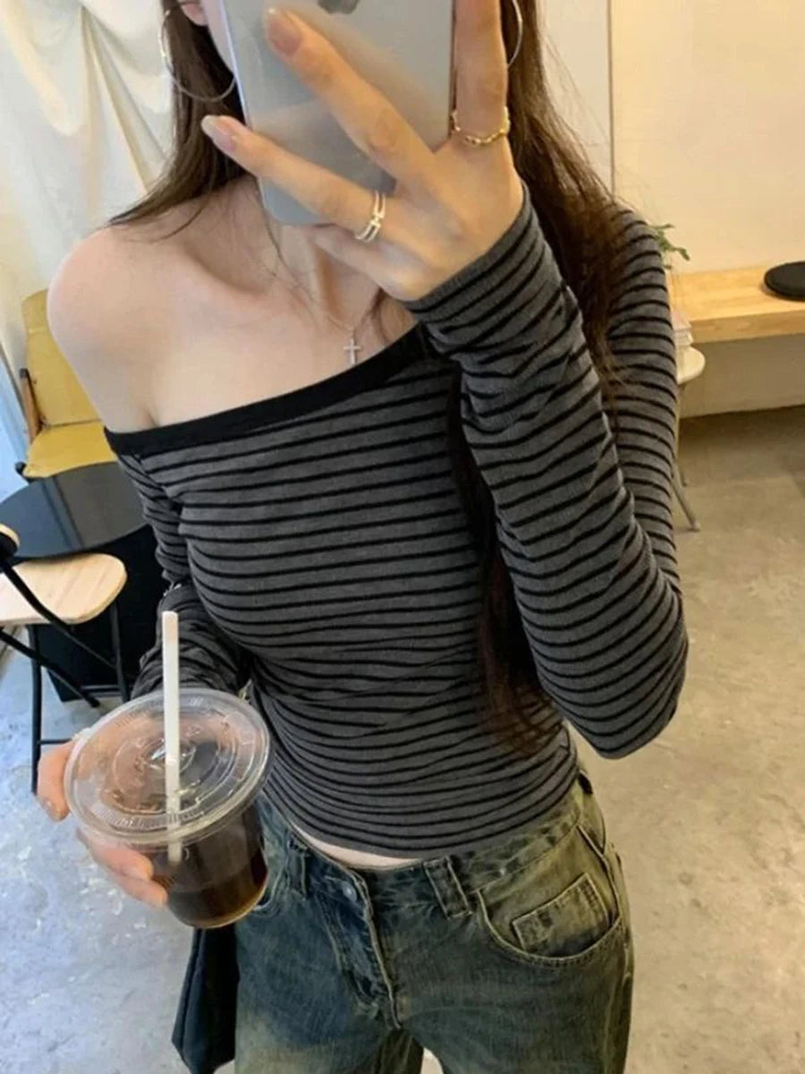 Vintage Striped Irregular Neck Long Sleeve T-shirt Women Autumn Cotton Slim Tee Shirts Female Sweet Streetwear Y2K Tshirt Tops