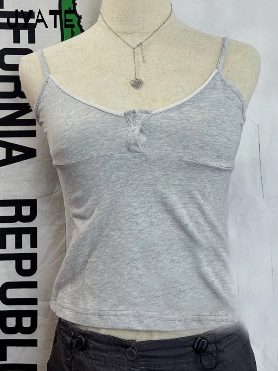 OOTDS Polka Dot White Slim Crop Top Women Navy Lace Trim Two Buttons Cotton Cropped Camisole Sweet Cute Preppy Style Tank Tops