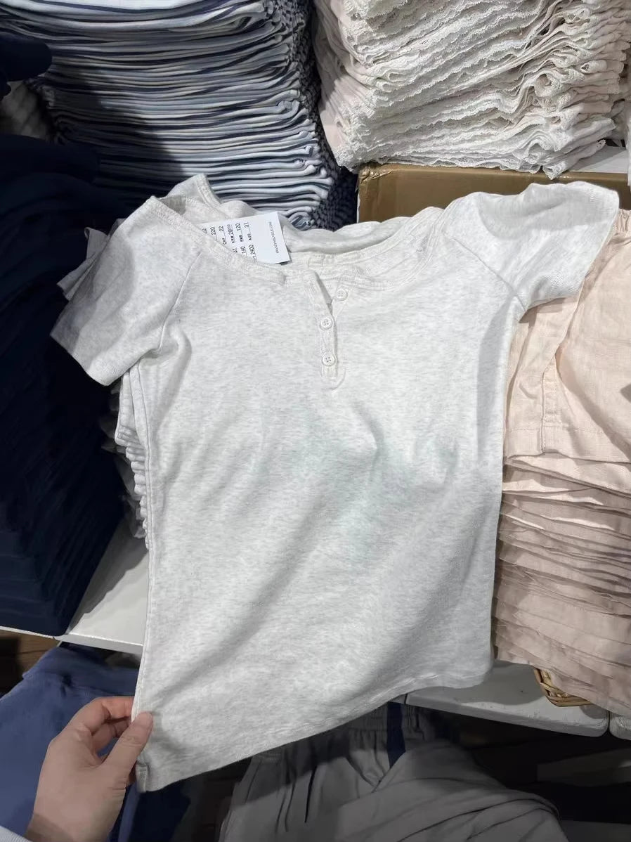 Buttons T-shirt Woman Cotton Simple Basic Scoop Neck Short Raglan Sleeve Slim Tee Shirt Cute Casual All-match Crop Top Y2k