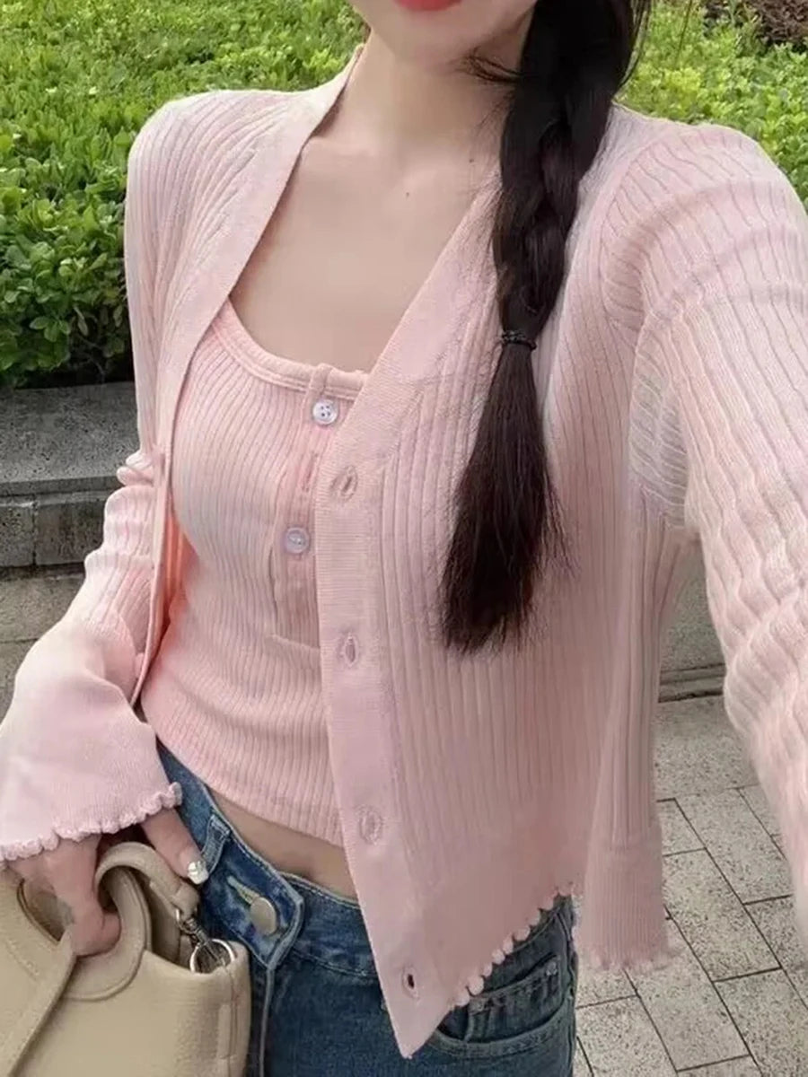 Pink Knitted V-neck Sweater Cardigan Women New Slim Casual Preppy Long Flare Sleeve Jumper Tops Sweet Cute Chic Y2K Sweater Coat