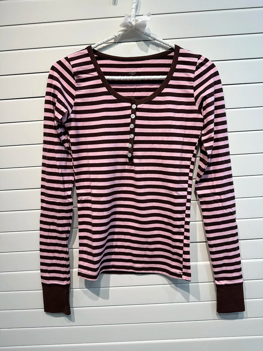 Brown Striped Buttons T-shirts Women Casual Chic Cotton Patchwork Long Sleeve Tees Vintage Preppy Style Slim Tshirt Y2K Tops New