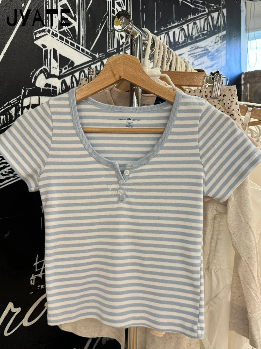 Sweet Little Pink Striped T-shirts Women New Cotton O-neck Casual Slim Buttons Short Sleeve Tees Cute Basic Girls Tshirt Y2K Top