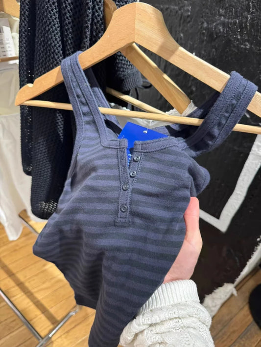 Navy Striped Buttons Tank Tops Women Summer Casual Streetwear Simple Cotton Slim Camisole Female Vintage American Chic Vests Y2K