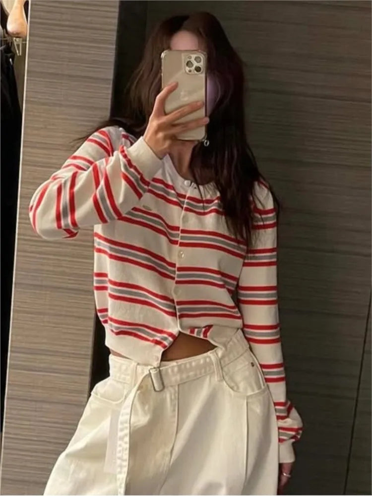 Classic Striped Knitted Cardigan Women's Autumn Round Neck Cotton Soft Design Button Sweater Vintage Sweet Preppy Style Sweaters