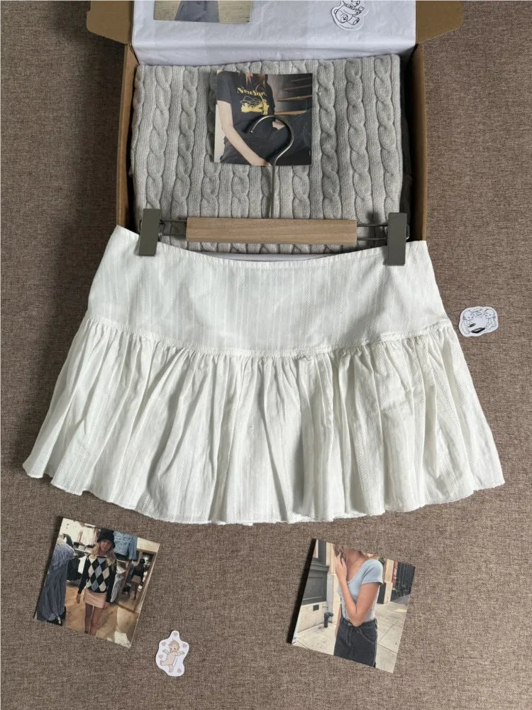 Lace-up A-line Shirks Women Summer Simple Cotton Low Waist Elastic Eyelet Pleated Mini Skirts Sweet Cute Streetwear Falda Y2K