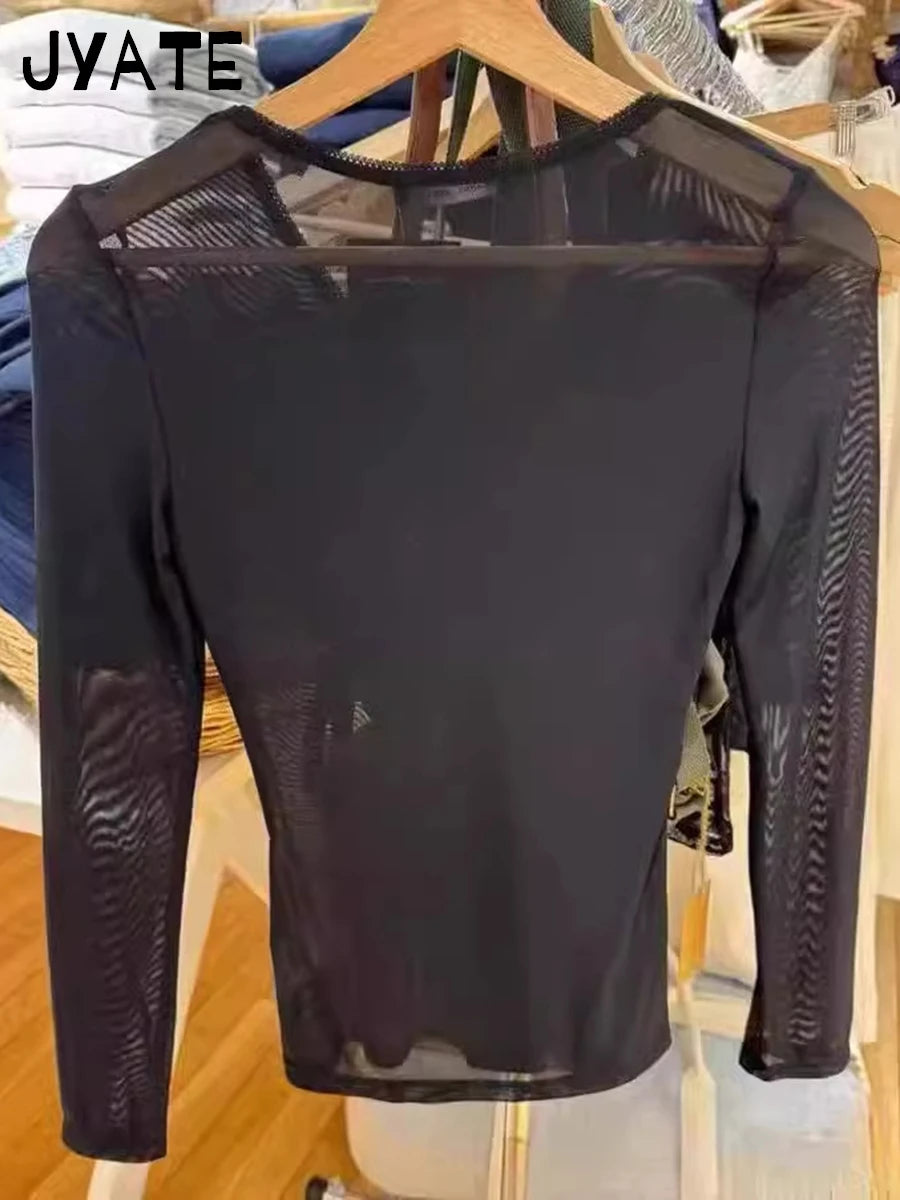 Sexy See-through Black Long Sleeve Tees Smock Women Summer New Bow V-neck Slim Tops Clothing Vintage Chic Harajuku T-shirts Y2K