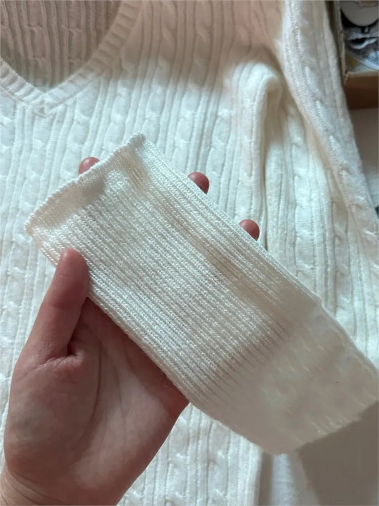 Twisted Flower Thin Knitted Sweater Women Spring Beige Raw Hem V-Neck Long Sleeve Jumpers Sweet Cute Preppy Style Sweater Top